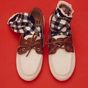 Bibi Lou Boat Shoes Neutral Canvas Brown Leather NIB